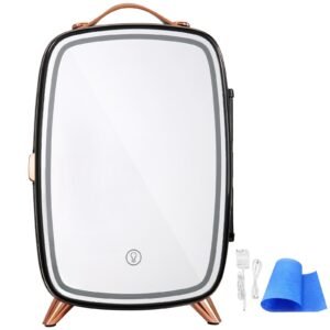 Mini Fridge, 6L Skincare Fridge with LED light and HD Mirror, AC/DC Makeup Fridges for Skin Care, Cosmetic Storage, Chill Face Mask Drink, Small Refrigerator for Bedroom Dorm Desktop, Black