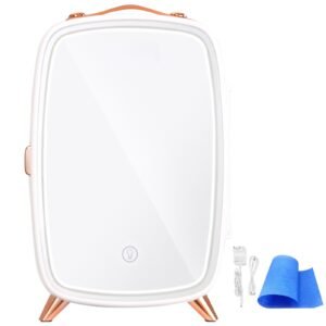 Mini Fridge for Bedroom, 6L Luxury Skin Care Fridges with Mirror and LED Light, AC/DC Cosmetic Fridge for Office Dorm Car, Small Makeup Refrigerator for Beauty Face Mask Beverage Chill, White