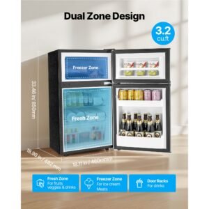 mini fridge with freezer, 3.2 cu.ft, two door compact refrigerator, adjustable temperature, shelf, energy efficient small fridge, reversible door, low noise, for bedroom, dorm, office, black
