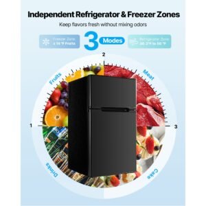 mini fridge with freezer, 3.2 cu.ft, two door compact refrigerator, adjustable temperature, shelf, energy efficient small fridge, reversible door, low noise, for bedroom, dorm, office, black