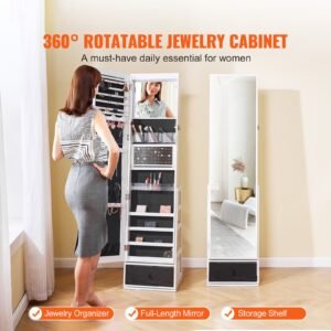 mirror jewelry cabinet 360 swivel standing mirror with storage lockable jewelry mirror organizer with full length mirror velvet lining led light drawer freestanding jewelry armoire white 1.jpg