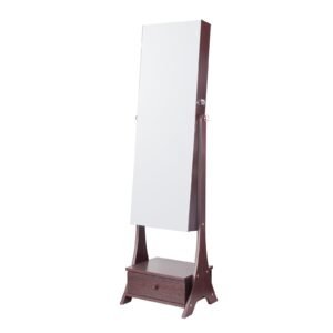 Mirror Jewelry Cabinet, Standing Mirror with Storage, Lockable Jewelry Mirror Organizer with Full Length Mirror, Velvet Lining, Interior LED Light, Drawer, Freestanding Jewelry Armoire, Brown