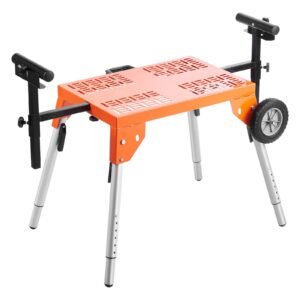 Miter Saw Stand with Tabletop and Wheels, 330lbs Load Capacity Steel Collapsible Rolling Stand for Miter Saw, Adjustable Height and Length, Portable Compact and Folding Miter Saw Stand