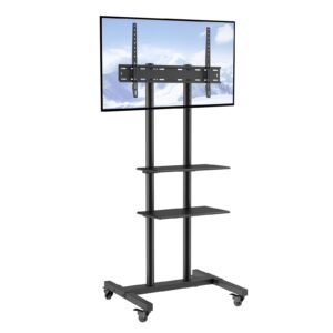 Mobile TV Stand, Mobile TV Cart for 32 to 70 inch TVs, Height Adjustable Portable TV Stand with Wheels, Double Tray for Audio-Visual Devices, Rolling TV Stand with Mount for Bedroom, Living Room