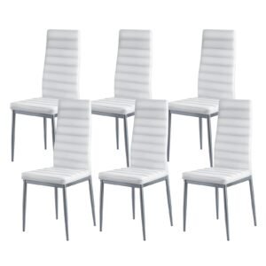 Modern Dining Room Accent Chairs Set of 6, Upholstered Leather Side Chair for Dining Tables, Space-Saving Kitchen Table Chair with Thick Cushions and Metal Legs, White