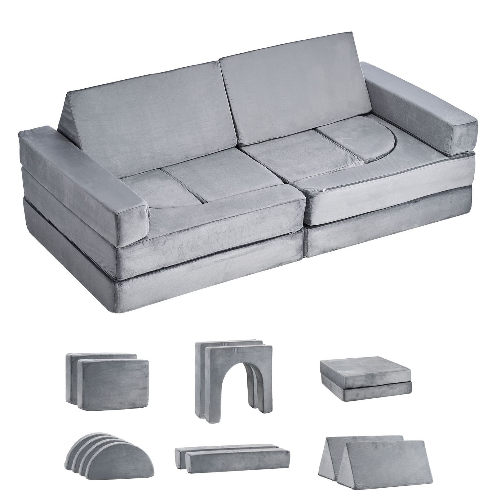 modular kids play couch, sectional toddler sofa with armrests, 28d sponge & short pile, convertible kids modular couch diy creative combination for playroom, bedroom, living room, 14 pcs, gray