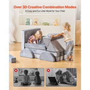modular kids play couch, sectional toddler sofa with armrests, 28d sponge & short pile, convertible kids modular couch diy creative combination for playroom, bedroom, living room, 14 pcs, gray