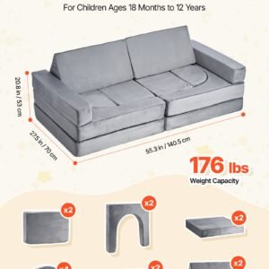 modular kids play couch, sectional toddler sofa with armrests, 28d sponge & short pile, convertible kids modular couch diy creative combination for playroom, bedroom, living room, 14 pcs, gray