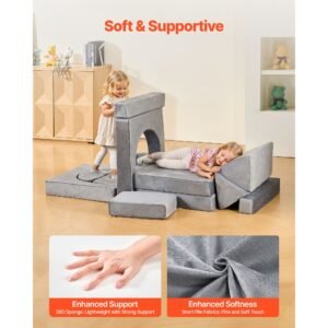 modular kids play couch, sectional toddler sofa with armrests, 28d sponge & short pile, convertible kids modular couch diy creative combination for playroom, bedroom, living room, 14 pcs, gray