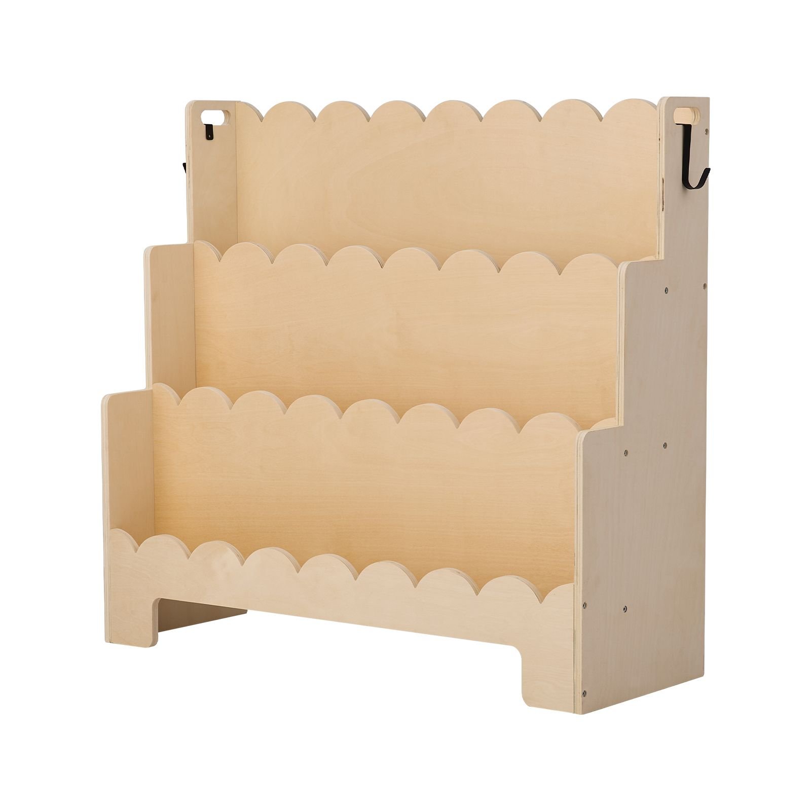 montessori bookshelf, 3 tier scalloped kids bookshelf, front facing toddler bookcase, dual hooks for hanging backpacks, baby bookshelf for kids room, living room, entryway, nursury, preschool