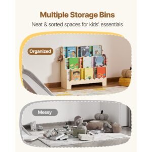 montessori bookshelf, 3 tier scalloped kids bookshelf, front facing toddler bookcase, dual hooks for hanging backpacks, baby bookshelf for kids room, living room, entryway, nursury, preschool