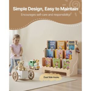 montessori bookshelf, 3 tier scalloped kids bookshelf, front facing toddler bookcase, dual hooks for hanging backpacks, baby bookshelf for kids room, living room, entryway, nursury, preschool