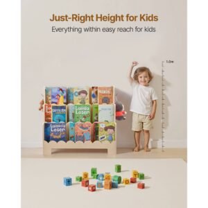 montessori bookshelf, 3 tier scalloped kids bookshelf, front facing toddler bookcase, dual hooks for hanging backpacks, baby bookshelf for kids room, living room, entryway, nursury, preschool