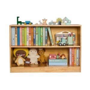montessori bookshelf, 35.4 in width toy storage organizer, 2 tier kids display storage cabinet, daycare furniture, kids bookshelf for bedroom, nursery, living room, entryway, preschool, brown