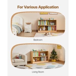 montessori bookshelf, 35.4 in width toy storage organizer, 2 tier kids display storage cabinet, daycare furniture, kids bookshelf for bedroom, nursery, living room, entryway, preschool, brown
