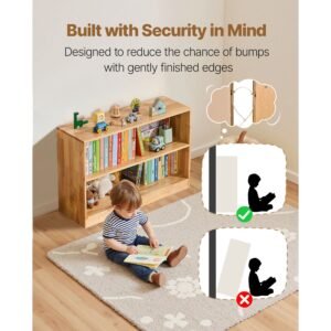 montessori bookshelf, 35.4 in width toy storage organizer, 2 tier kids display storage cabinet, daycare furniture, kids bookshelf for bedroom, nursery, living room, entryway, preschool, brown