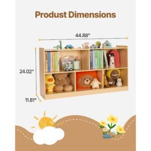 montessori bookshelf, 45 in width toy storage organizer, 5 section kids display storage cabinet, daycare furniture, kids bookshelf for bedroom, nursery, living room, entryway, preschool, brown