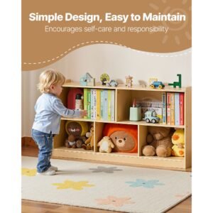 montessori bookshelf, 45 in width toy storage organizer, 5 section kids display storage cabinet, daycare furniture, kids bookshelf for bedroom, nursery, living room, entryway, preschool, brown