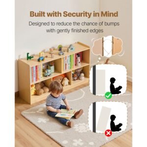 montessori bookshelf, 45 in width toy storage organizer, 5 section kids display storage cabinet, daycare furniture, kids bookshelf for bedroom, nursery, living room, entryway, preschool, brown