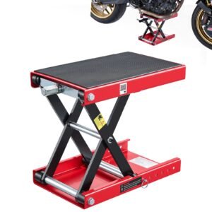 Motorcycle Lift, 1100 lbs Motorcycle Scissor Lift Jack with Wide Deck & Lock Pin, 3.74"-13.38" Center Hoist Crank Stand, Steel Scissor Jack for Street Bikes, Cruiser Bikes, Touring, Red/Black