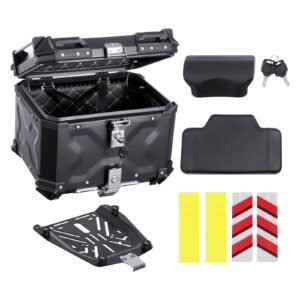 Motorcycle Top Case, Universal Aluminum Alloy Motorbike Tail Box with Leather Lining, 55L Waterproof Detachable Motorcycle Top Box with Lock & Back Cushion, Fit for 99% of Motorcycle Frames