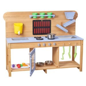 Mud Kitchen, Outdoor Mud Kitchen for Kids, Wood Outdoor Play Kitchens with Stoves, Hooks, Double Sinks, Planting Shovels, Spatulas, Cookware Pots and Accessories, Play with Water and Sand