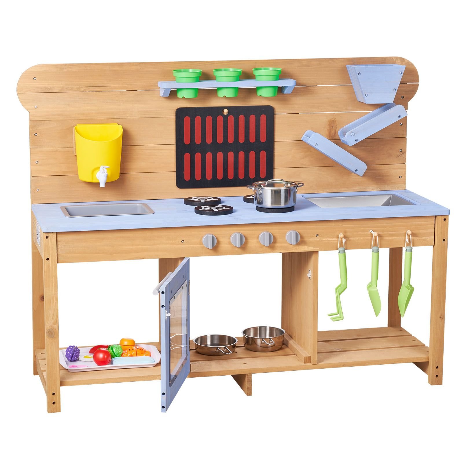 mud kitchen, outdoor mud kitchen for kids, wood outdoor play kitchens with stoves, hooks, double sinks, planting shovels, spatulas, cookware pots and accessories, play with water and sand