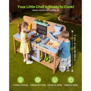 mud kitchen, outdoor mud kitchen for kids, wood outdoor play kitchens with stoves, hooks, double sinks, planting shovels, spatulas, cookware pots and accessories, play with water and sand