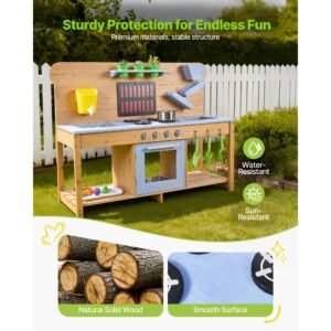 mud kitchen, outdoor mud kitchen for kids, wood outdoor play kitchens with stoves, hooks, double sinks, planting shovels, spatulas, cookware pots and accessories, play with water and sand