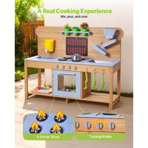 mud kitchen, outdoor mud kitchen for kids, wood outdoor play kitchens with stoves, hooks, double sinks, planting shovels, spatulas, cookware pots and accessories, play with water and sand