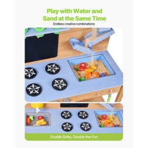 mud kitchen, outdoor mud kitchen for kids, wood outdoor play kitchens with stoves, hooks, double sinks, planting shovels, spatulas, cookware pots and accessories, play with water and sand
