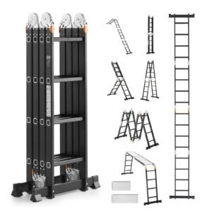 Multi-Purpose Folding Ladder, 7-in-1 Tall Extension Step Ladder, A Frame 4 Step with Scaffolding Plank Telescoping Ladder, 15.5ft Reach Height Heavy Duty , 330 lbs Capacity for Home Outdoor