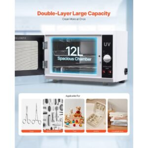 nail tool cleaning machine, 12l large capacity, knob control, tool cabinet cleaner box with timer setting, tempered glass door, 185nm wavelength, for labs, home, nail salons, beauty salons
