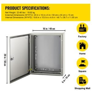 NEMA Steel Case, 20x16x6'' NEMA 4X Metal Electric Enclosure, IP66 Water & Dust Resistant, Suitable for Both Outdoor/Indoor Use, Includes Mounting Plate