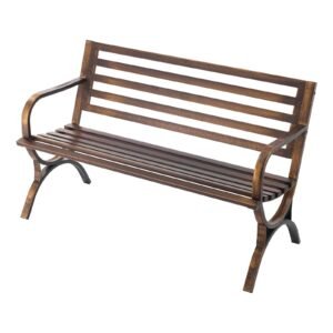 Outdoor Bench, 50 inch, Carbon Steel Metal Frame with Slatted Pattern Backrest and Round Edge Armrests, Weatherproof Outside Bench for Patio, Garden, Park, Yard, Front Porch, Antique Bronze