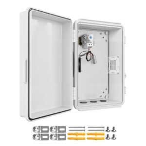 Outdoor Electrical Box, ABS, Waterproof Electrical Junction Box with Thermostat and Fan, Mounting Plate, Cable Grommets, Ventilated Plastic Enclosure, 14.2 x 10.8 x 5.9 in, IP65 for Indoor/Outdoor