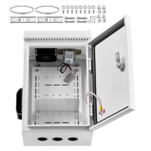 Outdoor Electrical Box, Cold-Rolled Steel, Electrical Junction Box with Thermostat and Fan, Rain Hood, Ventilated Design, IP65 Waterproof Hinged Enclosure, Wall/Pole Mounted, 16 x 12 x 8 in