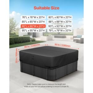 outdoor hot tub cover, 90 x 90 x 20 inch weatherproof and waterproof hot tub cover protector, 600d heavy duty oxford fabric and 950n tearing strength, square spa covers for hottub, black