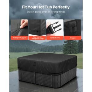 outdoor hot tub cover, 90 x 90 x 20 inch weatherproof and waterproof hot tub cover protector, 600d heavy duty oxford fabric and 950n tearing strength, square spa covers for hottub, black