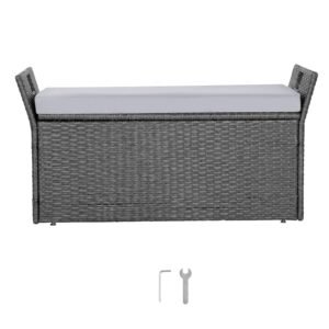 Outdoor Storage Bench, 2-Person PE Rattan Storage Bench, 40 Gal Deck Box with Cushion & Side Handle, Supports up to 400 lbs, Weatherproof Outdoor Seating & Porch Decor for Patio Garden Balcony