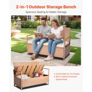 Outdoor Storage Bench, 2-Person PE Rattan Storage Bench, 70 Gal Deck Box with Cushion, Supports up to 265 lbs, Weatherproof Outdoor Seating & Porch Decor for Patio Garden Balcony Yard
