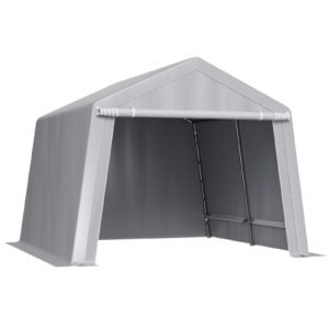 Outdoor Storage Shed, 10 x 10 ft Portable Storage Tent with Roll-up Door, Waterproof Canopy Shed Shelter, Heavy Duty Frame, Patio Garage Carport for Motorcycle, Lawn Mower, Bike, Grey