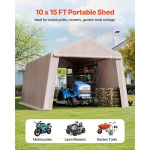 outdoor storage shed 10 x 15 ft portable storage tent with 2 roll up doors vents waterproof canopy shed shelter heavy duty frame patio garage carport for motorcycle lawn mower beige 1.jpg