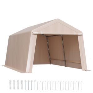 Outdoor Storage Shed, 10 x 15 ft Portable Storage Tent with Roll-up Door, Waterproof Canopy Shed Shelter, Heavy Duty Frame, Patio Garage Carport for Motorcycle, Lawn Mower, Bike, Beige