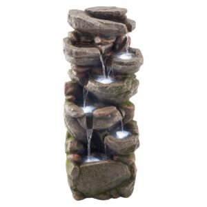 Outdoor Water Fountain, 38.98 in Height Fountain and Waterfall, 7-Tier Floor Standing Rock-Shaped Cascading Fountains with LED Light and Pump, for Outdoor Indoor Garden, Home, Patio & Backyard