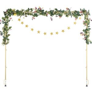 Over The Table Rod Stand with Clamps, 13"-42" Tall & 28"-98" Length Adjustable, Metal Table Arch Stand with Rattan, Tabletop Balloon Arch Frame for Wedding Birthday Christmas Decorations, Gold