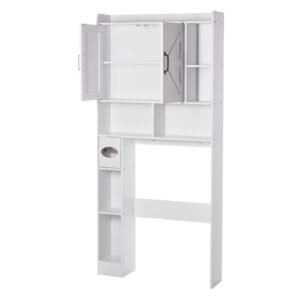 Over The Toilet Storage Cabinet, 66.14 in Height Bathroom Storage Organizer with Double Door and Adjustable Shelf, Bathroom Space Saver Organizer Above Toilet with Open Shelf, White
