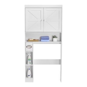 Over The Toilet Storage Cabinet, 67.44 in Height Bathroom Storage Organizer with Double Door and Adjustable Shelf, Bathroom Space Saver Organizer Above Toilet with Open Shelf, White