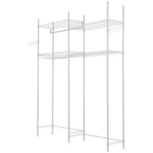 over washer and dryer storage shelves, 4 tiers laundry room drying rack with hanger rod and hooks, two rows adjustable washer shelves space saver, for laundry room storage & organization, white