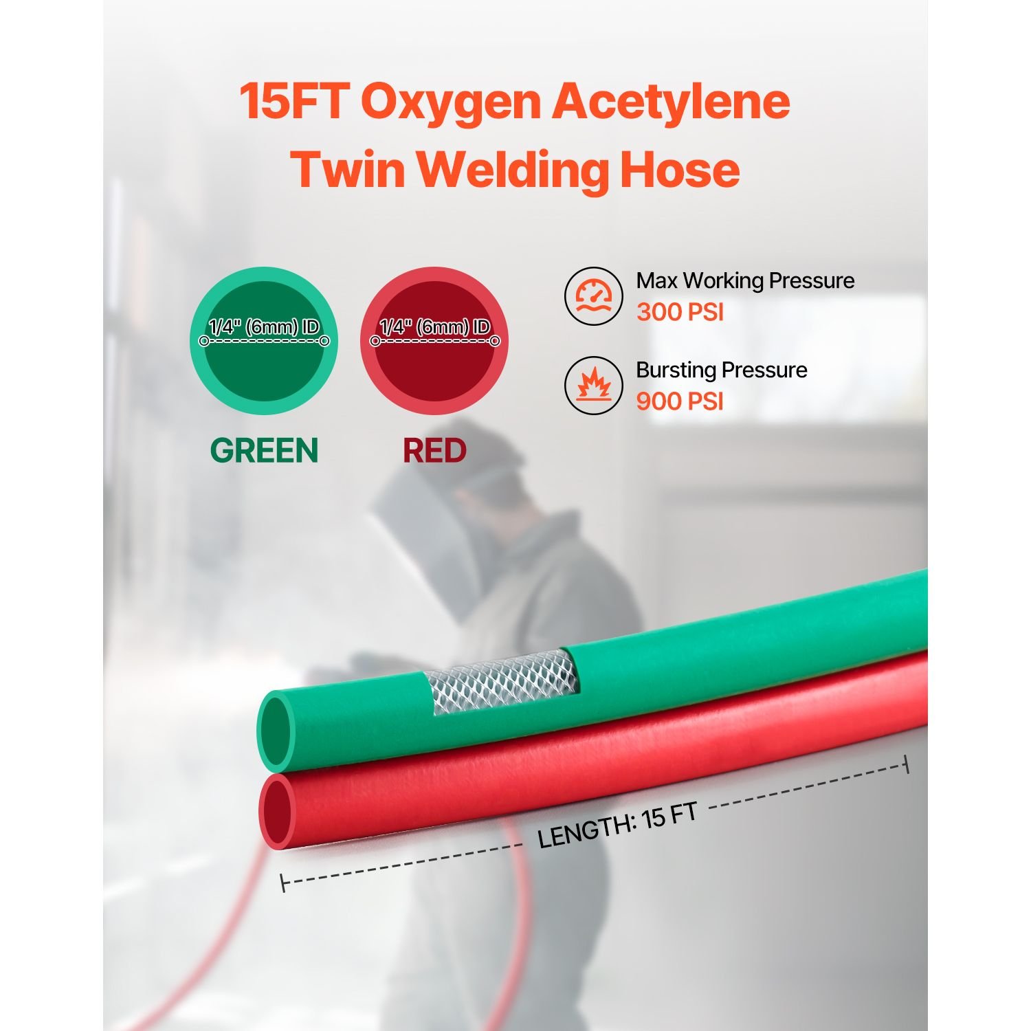 oxygen acetylene hose 14 inch x 15ft oxy acetylene hose with 916 18 b fitting 300psi t grade welding cutting torch twin hose compatible with oxygen acetylene propane and other fuel gases.jpg